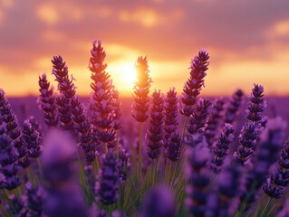 Naklejka premium Lavender Sunset: Purple Flowers Bloom at Dusk