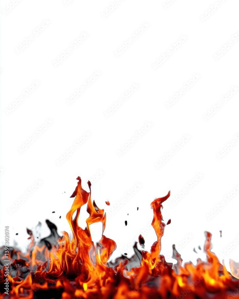 Poster intense orange flames rise against a stark white backdrop creating a dynamic and captivating visual 