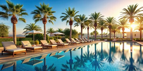 poolside luxury hotel with palm trees, sun loungers, warm weather,  sun loungers