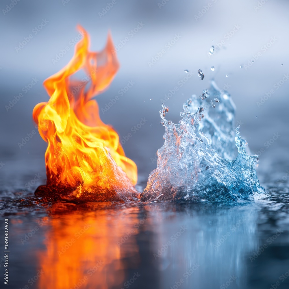 Poster dramatic juxtaposition of fire and water creating a captivating balance of opposing elements energy 