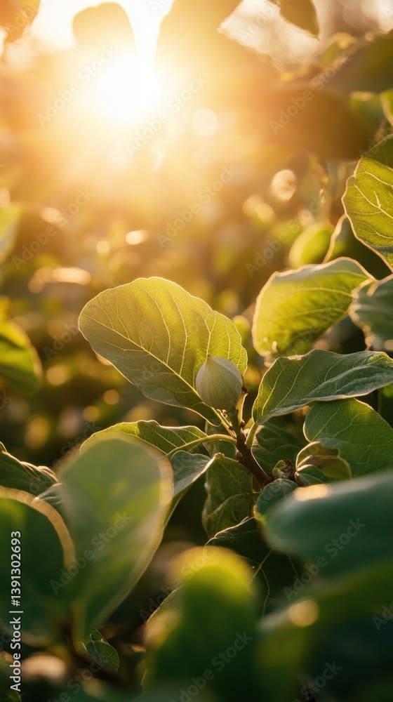 Poster warm sunlight illuminating green leaves and a small fig bud on a tree branch creating a serene and n