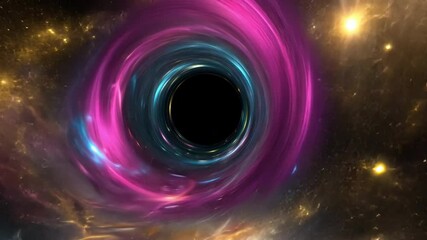 Mesmerizing cosmic vortex of swirling colors in pink, blue, and gold creates captivating black hole effect, evoking wonder and mystery in vast universe. - Powered by Adobe