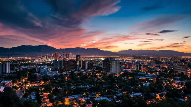 Cityscape sunset, mountain backdrop, urban sprawl