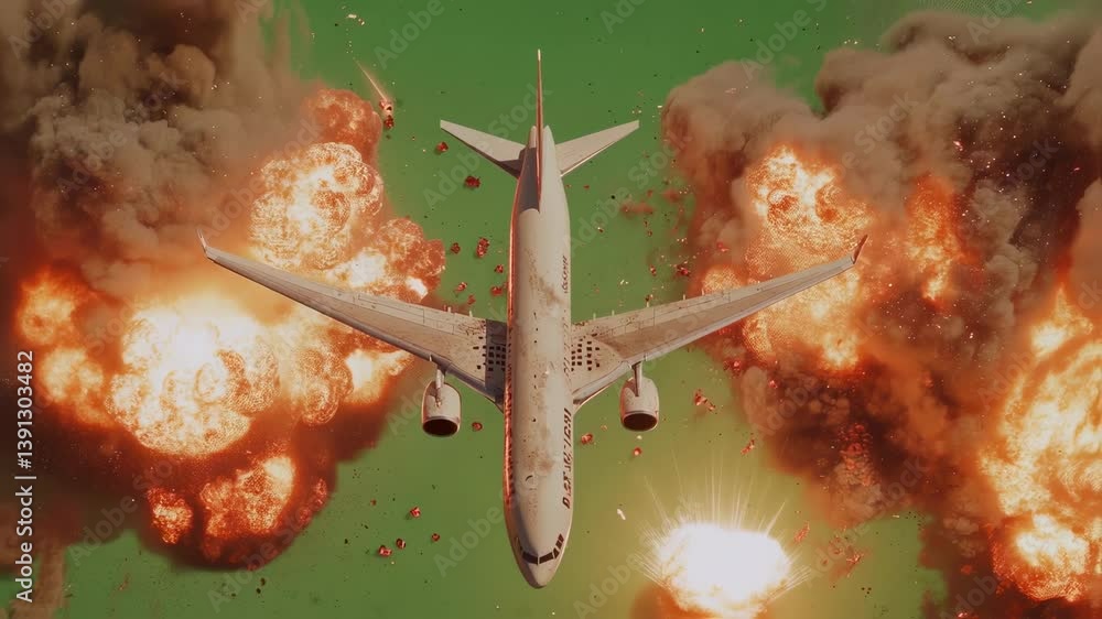 Poster white passenger airplane exploding mid air, surrounded by fire and debris, isolated on a green scree