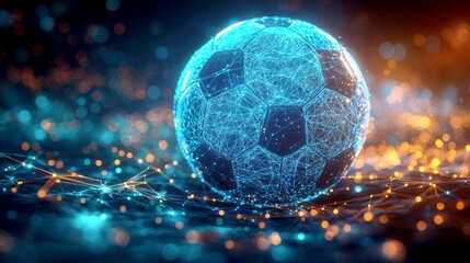 Futuristic Soccer Ball: Abstract Digital Art of a Glowing Soccer Ball in a Network of Light