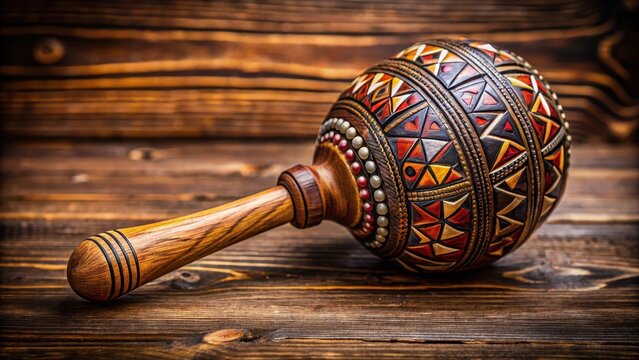 A traditional Shekere rattle on a wooden background with intricate carvings and natural textures, showcasing its unique resonating sound and ornate design , tribal instrument, traditional instrument
