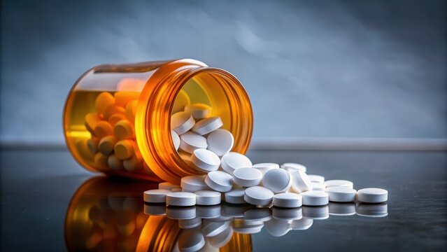 A prescription medication bottle filled with white tablets containing naltrexone, a medication used to treat opioid addiction and alcohol dependence, wellness , medication