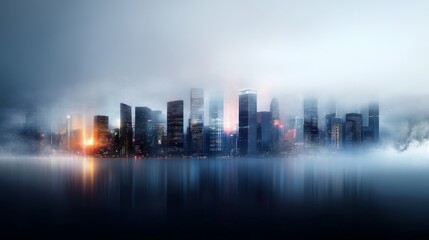 Fototapeta premium Mysterious Urban Skyline Surrounded by Fog and Reflection at Dawn