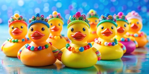 Fototapeta premium colorful rubber duck procession, vibrant decorations, colorful ducks