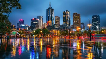 Obraz premium Night cityscape reflection with modern skyscrapers and colorful lights