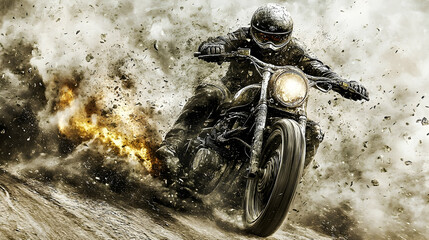 A motorcyclist speeds forward causing an explosion of dust and debris