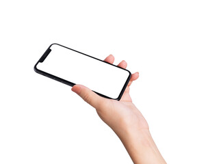 Hand holding the black smartphone with blank screen isolated on white background