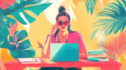 Naklejka premium A vibrant depiction of a digital nomad documenting her journey through vlogs and work-life balance tips.