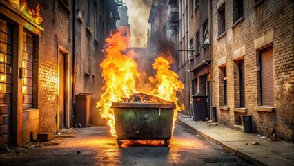 A dumpster fire in a desolate alleyway engulfing nearby debris and trash, with flames licking at a nearby abandoned vehicle , dumpster fire, abandoned vehicle