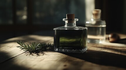 Dark green liquid in square bottle, sprigs of rosemary