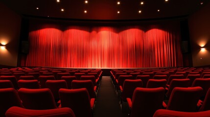 Empty theater with red curtains and rows of seats, ready for a performance in a dimly lit setting