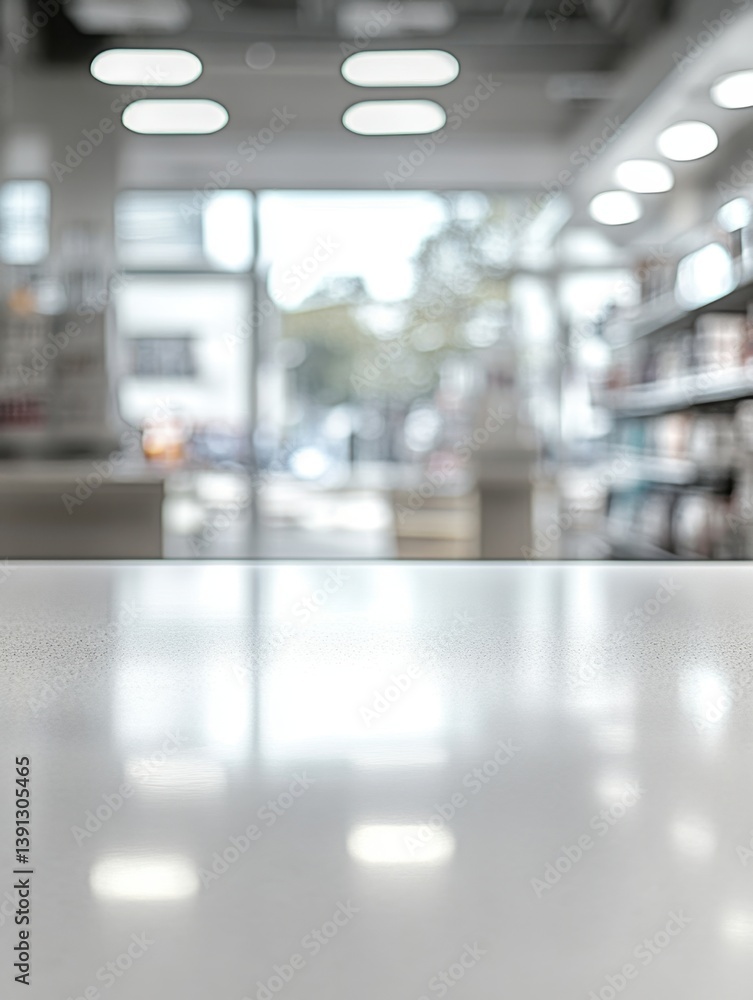Poster serene interior view of a store with a bright white counter and blurred background creating a calmin