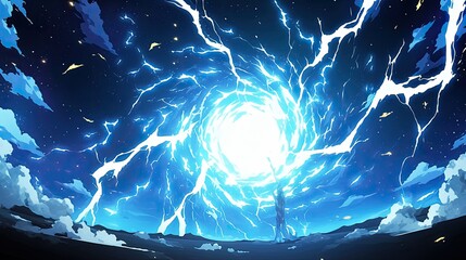 Striking image of blue and white lightning bolts flashing across the night sky surrounded by dark clouds creating a dramatic scene