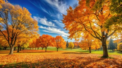 Fototapeta premium Vibrant orange and yellow trees against a clear blue sky with a few wispy clouds in an autumn park with fallen leaves scattered on the ground, orange yellow trees, landscape photography