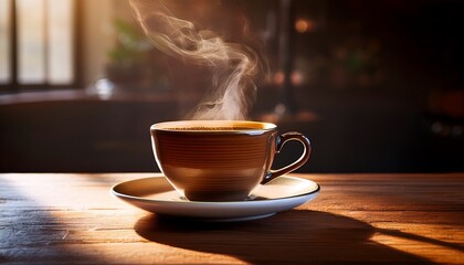 Obraz premium A classic ceramic coffee cup sits elegantly on a matching saucer, placed atop a smooth wooden table with soft morning light spilling across the surface. The cup is filled to the brim with freshly brew