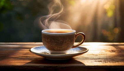 A classic ceramic coffee cup sits elegantly on a matching saucer, placed atop a smooth wooden table with soft morning light spilling across the surface. The cup is filled to the brim with freshly brew