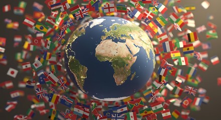 Earth in middle of floating country flags