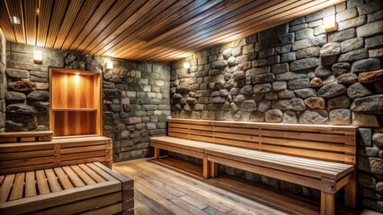 Rustic wooden benches in traditional Finnish sauna interior with natural stone walls and earthy tones, wooden, saloon, wooden,saloon