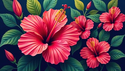 Bold stylized hibiscus print, vibrant color palette , contemporary, surface, leaves