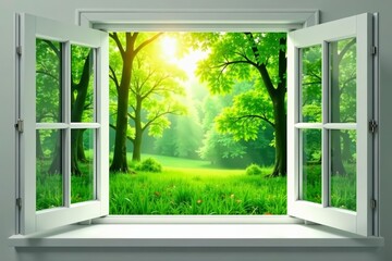 White plastic pvc window frame open to lush green forest landscape, greenery, forest, window