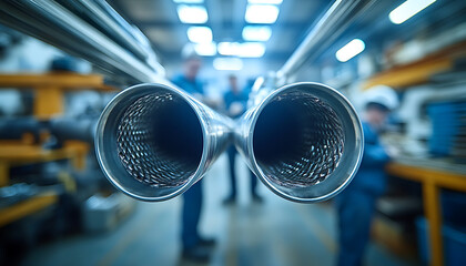 Close-Up View of Two Metal Pipes in a Factory Setting