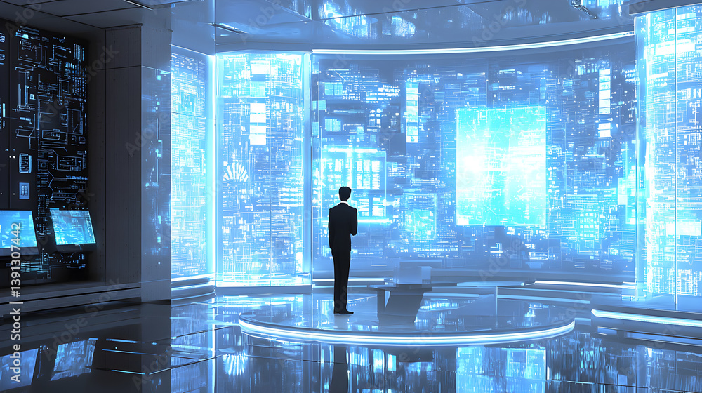 Poster exploring futuristic technology concepts in a high-tech control room modern office digital art virtu
