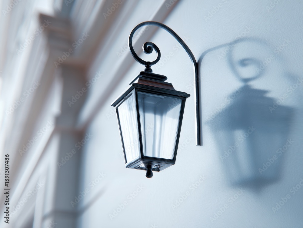Poster elegant wrought iron lantern casting soft shadow on textured wall creating serene ambiance and archi