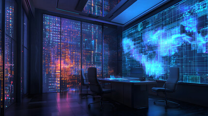Obraz premium Futuristic business meeting high-tech office digital environment urban cityscape modern viewpoint