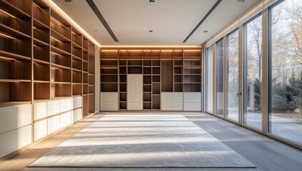Modern, empty library with large windows