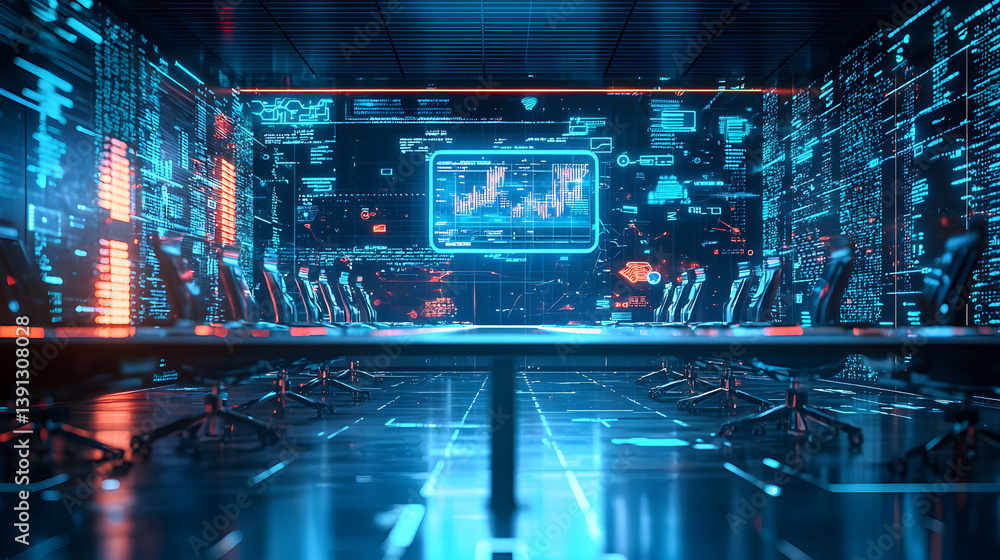 Poster high-tech data analysis event futuristic control room digital environment virtual reality aerial vie