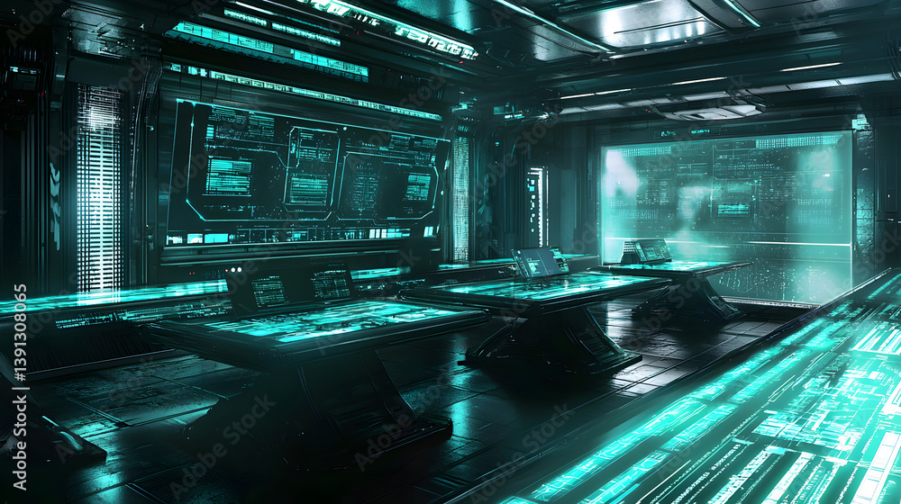 Poster futuristic control room setup high-tech facility digital display environment modern workspace intera