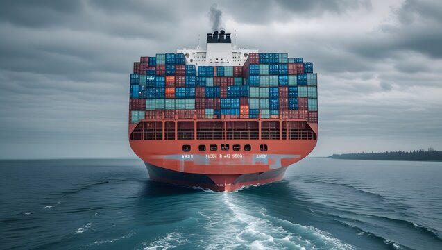 Fototapeta Back view of a large cargo container ship moving through choppy waters under a stormy sky, filled with colorful containers and showing its bow cutting through the waves