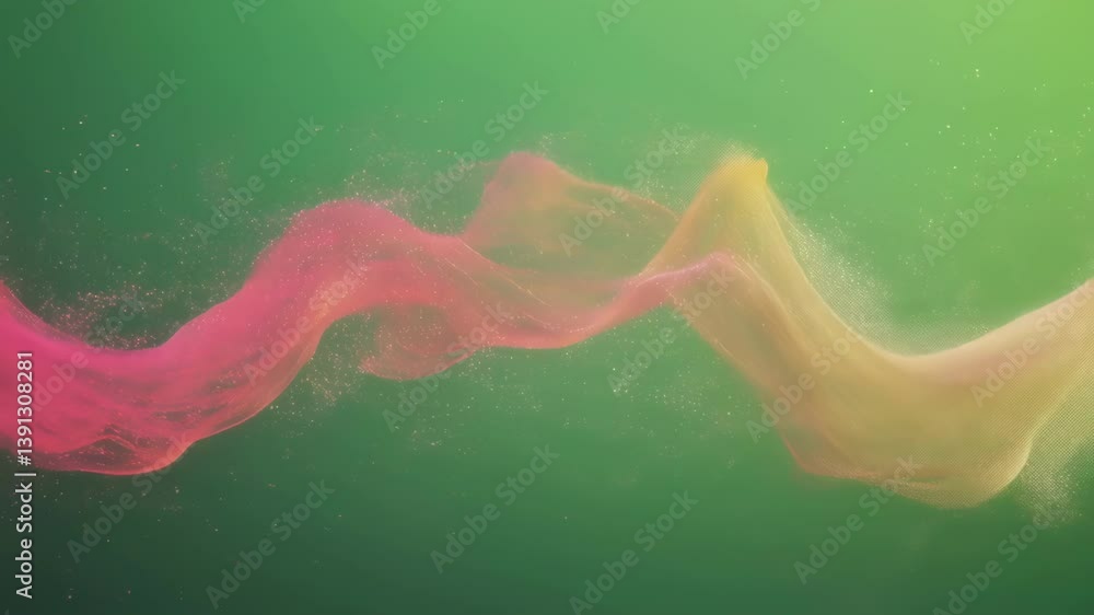 Poster vibrant particle streams flowing and waving dynamically across green screen background, generating m