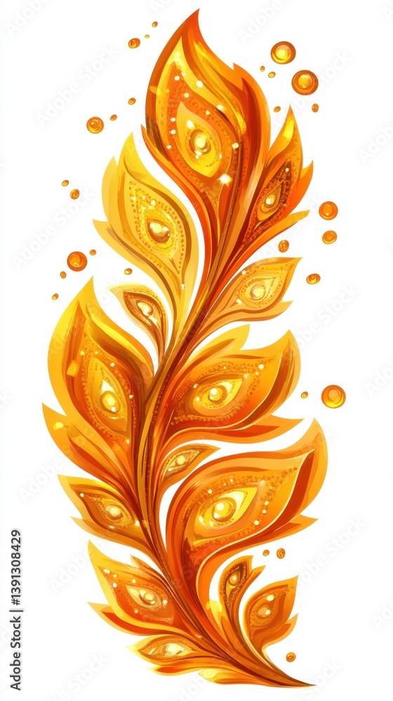 Poster abstract fiery feather with golden accents on a white background creating a warm and inviting mood p
