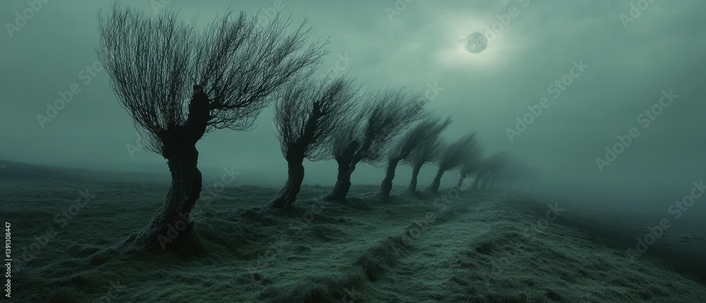 Poster eerie landscape of bare trees in a misty field under a full moon creating a mysterious and dreamlike