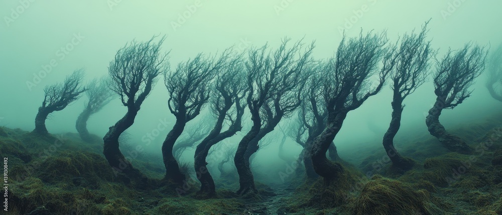 Poster eerie trees in misty landscape with bending trunks and atmospheric fog creating a mysterious and tra