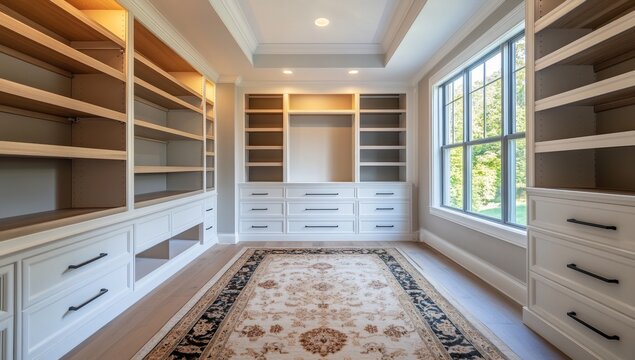 Spacious, well-lit, custom built-in cabinetry room.  Large windows offer natural light