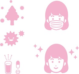 アイコン　メディカル　病気　医療　花粉症　人物　女性　花粉　アレルギー　ウイルス　イラスト素材セット