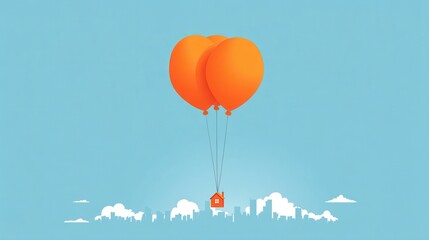 Obraz premium A whimsical illustration of a house lifted by three orange balloons against a blue sky, symbolizing adventure and freedom.