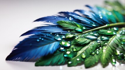Close-up of vibrant teal and green feathers with intricate barbs and iridescent highlights, showcasing delicate textures and shimmering patterns