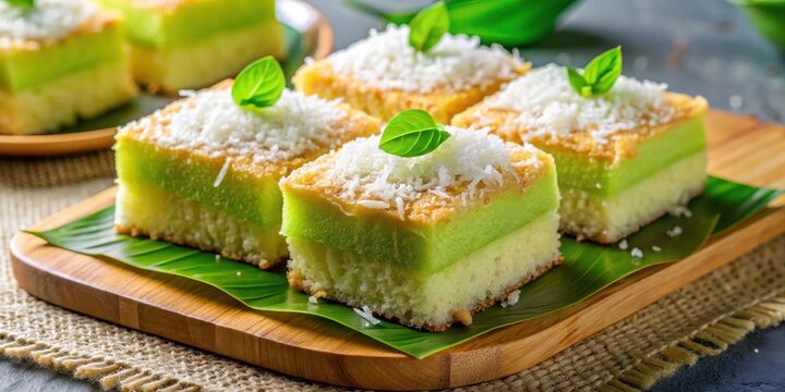 Moist and fluffy sweet getuk lindri cake with grated coconut topping, fresh from the oven , coconut, lindri