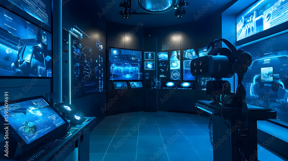 Poster futuristic vr experience showcase technology hub interactive display immersive environment digital p