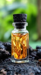 Golden elixir in glass bottle with dark stopper on textured wood surface against blurred green foliage