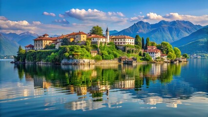 Fototapeta premium Serene landscape of Borromean islands reflected in calm waters of Lago Maggiore surrounded by lush greenery and picturesque villas, scenic view, landscape