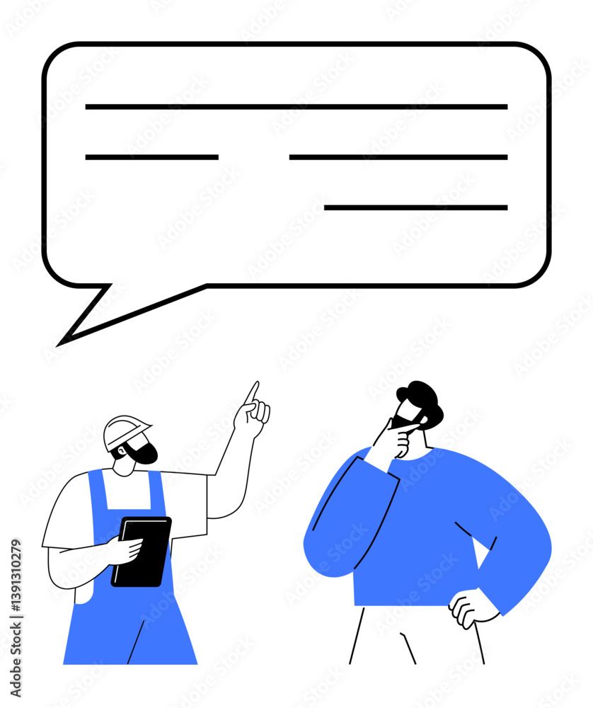 Poster worker with clipboard explains idea to thoughtful colleague using speech bubble for collaboration an